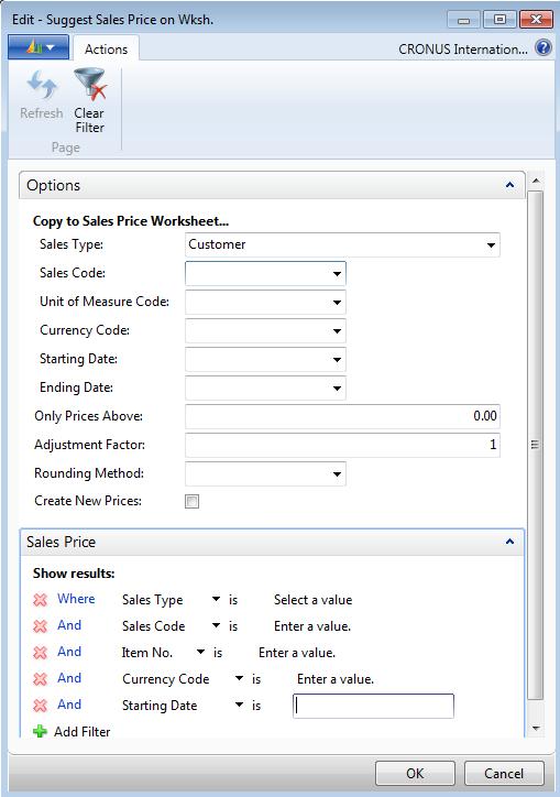 Trade in Microsoft Dynamics NAV 2013 FIGURE 2.7: SUGGEST SALES PRICE ON WKSH. REQUEST PAGE 3. On the Options FastTab, clear all fields. 4. In the Sales Type field, select Customer Price Group.