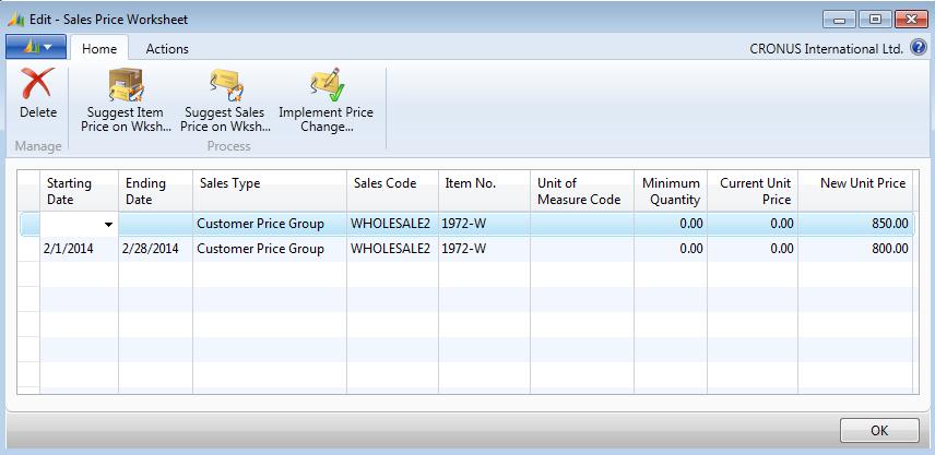 Trade in Microsoft Dynamics NAV 2013 In this example, the sales price worksheet populates with price suggestions that are based on the existing sales prices for the customer price group WHOLESALE1,