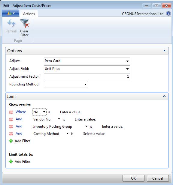 Trade in Microsoft Dynamics NAV 2013 Adjust Item Costs/Prices When sales personnel want to update pricing information on item cards, they can use the Adjust Item Costs/Prices batch job. FIGURE 2.