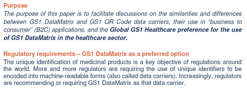 Position DataMatrix or QR Code Reinforcing the GS1 Global