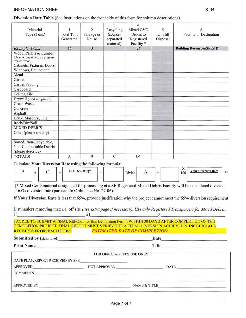 INFORMATION SHEET 8-04 Diversion Rate Table (See Instructions on. the front side of this form for column descriptions).