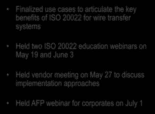 ISO 20022 Activities for U.S. Wire Systems Complete Finalized use cases to articulate the key benefits of ISO 20022 for wire transfer systems Held two ISO 20022 education webinars on May 19 and June