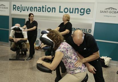 All participants are invited to swing by the Rejuvenation Lounge located in a high-traffic area for a complimentary massage and