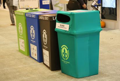 These stations are placed in high-traffic areas throughout the convention center and Exhibit Hall to promote responsible diversion streams and reduce landfill waste.