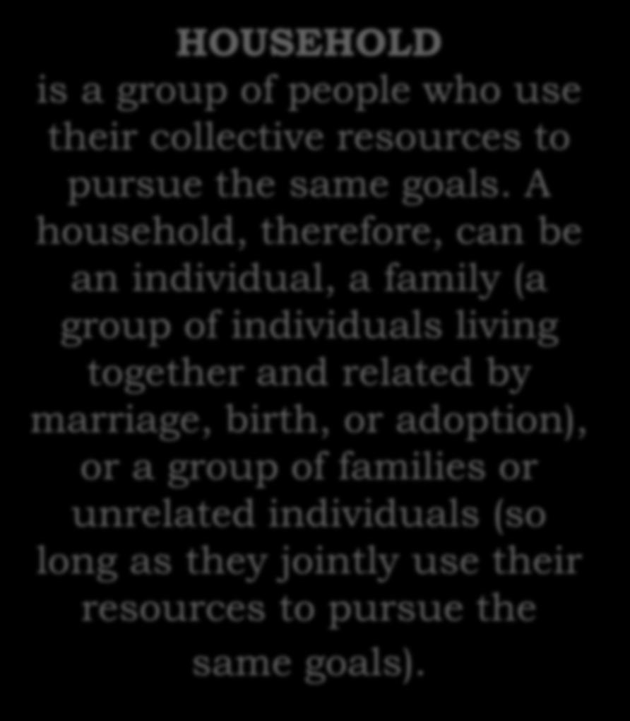 A household, therefore, can be an individual, a family (a group of individuals living