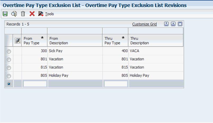 Creating Overtime Rule Sets The accumulator rule calculates overtime hours based on all timecards processed by the rule, including timecards assigned to a pay type listed in any of the exclusion