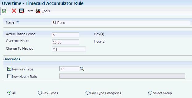 Creating Overtime Rule Sets Figure 6 11 Timecard Accumulator Rule form Name Describes the purpose of the accumulator rule.