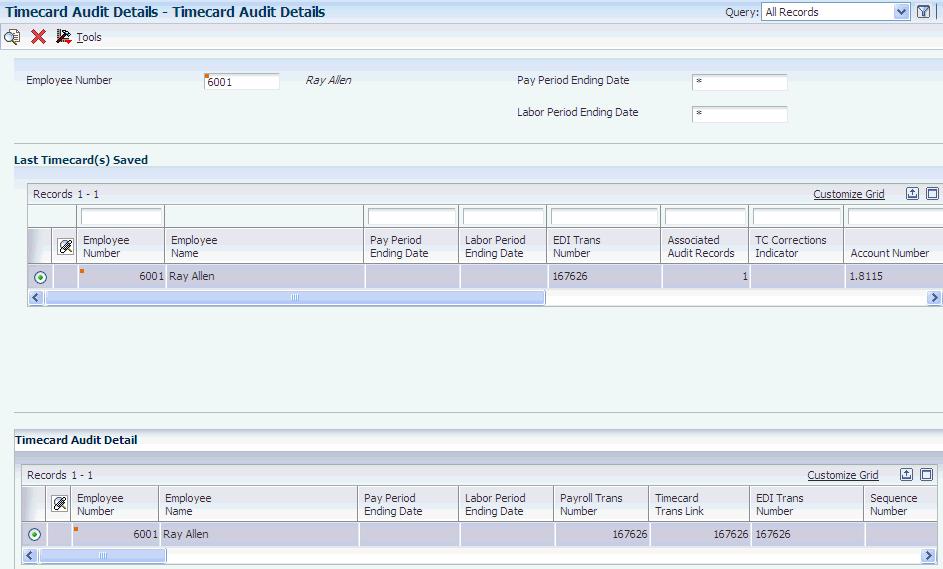 Viewing the Timecard Batch File Audit History Figure 8 1 Timecard Audit Details form Employee Number Enter the employee number of the employee for whom you want to view the timecard audit details.