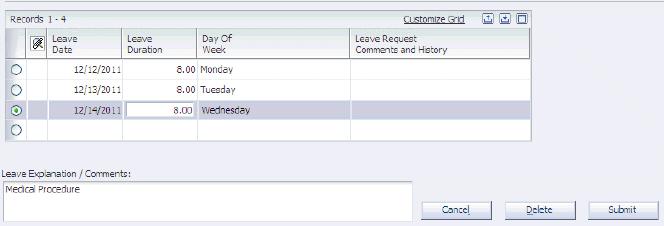 Requesting Leave Time Figure 14 4 Review/Update Requested Leave Time form (2 of 2) Leave Request Number Enter a code that identifies individual leave requests that are made by employees.