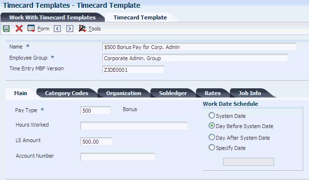 Creating Timecard Templates Figure 6 4 Timecard Template form Name Enter a user-defined name for a timecard template. The name should describe the purpose of the template.