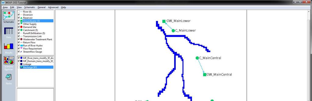 Drag and Drop river nodes onto the Schematic and digitize each river, in flow direction, on top of the blue area.