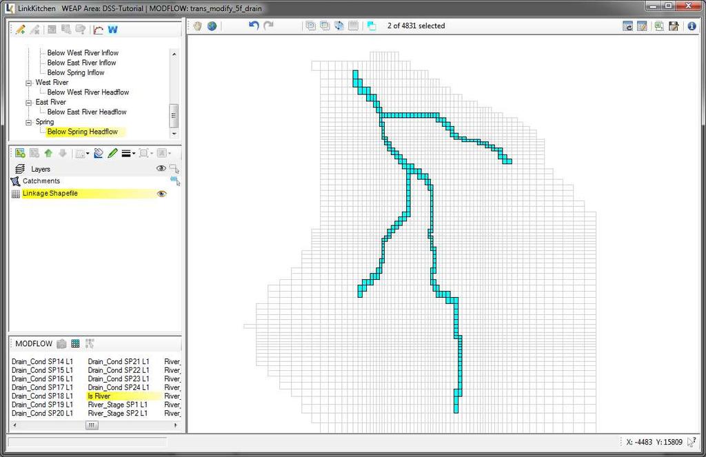 Browse to the layer IsRiver in the MODFLOW Viewer to select River cells. 4.