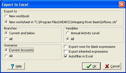 Export to Choose to export to a new Excel workbook, or a new worksheet in the active workbook. The second option is only available if a workbook is open in Excel.