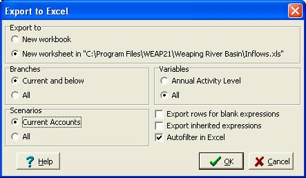 WEAP User Guide set up a spreadsheet that can be easily filtered to show only selected branches, variables, or scenarios.