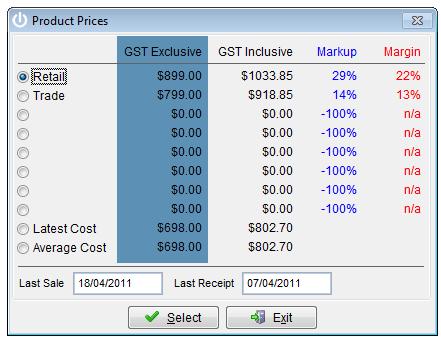 The Lookup Prices option displays pricing information for the selected item. The price used on the line can be changed by selecting one of the radio buttons on the left hand side the pop up screen.