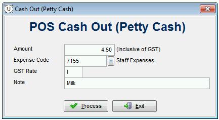 Input the Amount of Cash used, the Expense Code in the G/L that this will be coded to and a Note (optional) for what purpose. Petty Cash withdrawals will show up on your Cashup Docket.