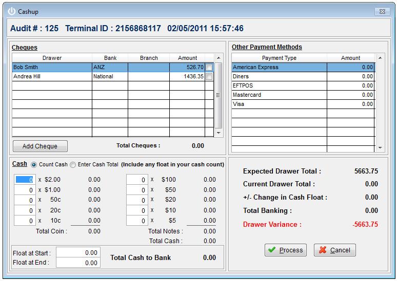 Select a Cash Drawer to balance and the following window will appear: In this example $5663.75 of sales need to be accounted for.
