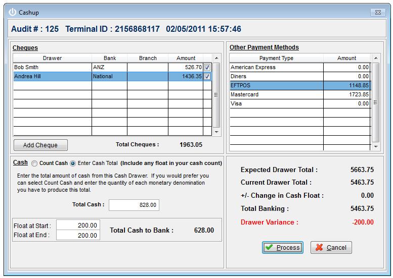 this example we have received two Cheques (Total Cheque (2)) through this Cash Drawer. Tick the tick box to the right of the Cheque amount to include in the Daily Banking.