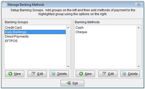 The Banking Type you select will depend on which Banking Methods you have assigned to Banking Groups (in Manage Banking Groups under the Admin dropdown menu).