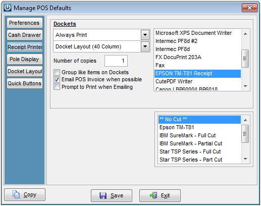 For the Use DPS Eftpos Integration option to be selectable a Receipt Printer (Docket Layout (40 Column)) needs to be selected to Print (Always Print or Prompt Before Printing) from under the Receipt