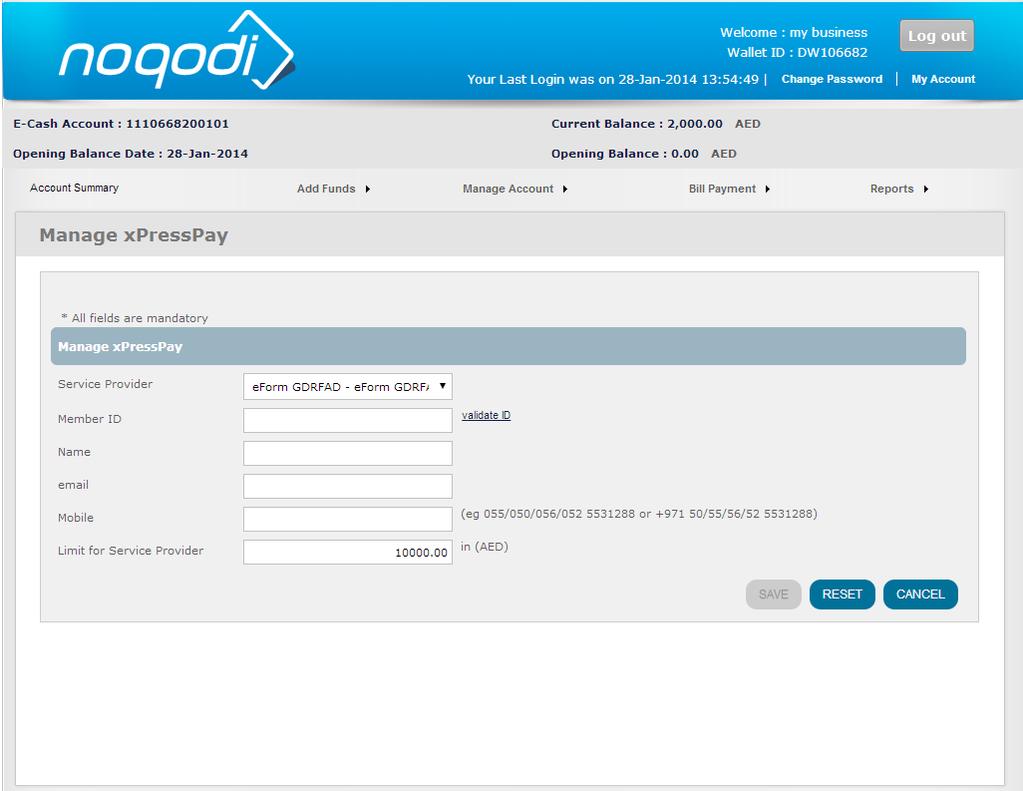 Registering a member for xpresspay Payment An noqodi wallet account owner can register users of the listed merchants so that they can pay instantly through his e-cash.