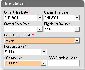 In order for the ACA employee counts to be correct, the employee s payroll record must be updated using an effective date. The ACA Status is located in Employee EE Entry in the hire status section.