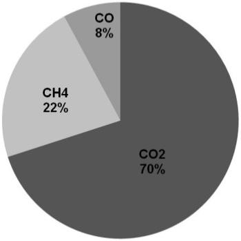 produced as well as the composition of gases obtained in each reaction. Figure 2 shows the percentages of gas, tar and char when used different reaction temperatures.