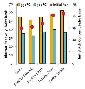 Biochar return affected by: Temperature Temp Mass Initial ash content Ash Mass Dairy Manure Modest returns ranging 35-55 % of dry feedstock Low end of ash content REFERENCE: Cantrell et al. 2012.