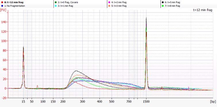 Alternate Fragmentation Protocols Figure 46 Shortened Fragmentation Time Results NOTE The discrepancy between the reported insert size using the Agilent Bioanalyzer and the insert size determined