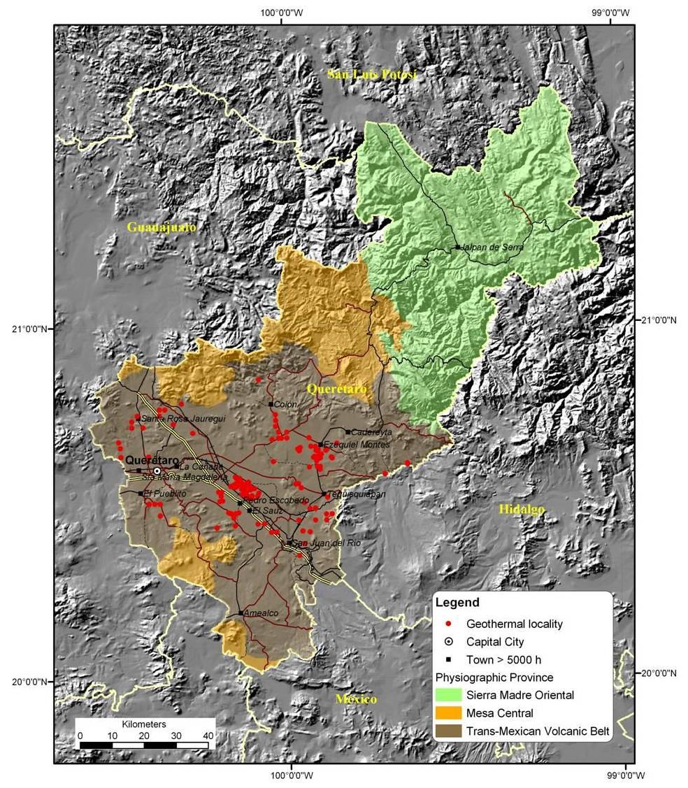 Figure 1: Physiographic provinces in the State of Queretaro and catalogued geothermal localities To determine the uncertainty in these estimates we assume, for each of these input variables, a