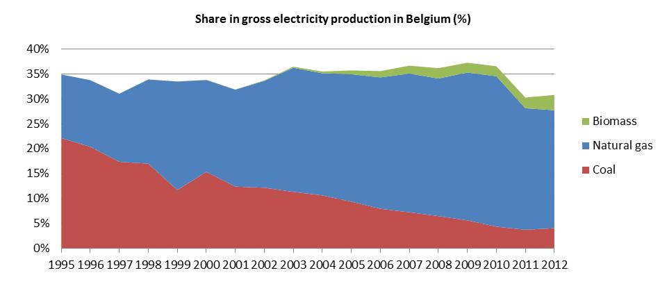 Figure 4. Share of solid biomass, natural gas and coal in the total gross electricity production in Belgium.