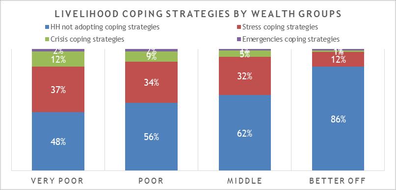 At leas 34-37% of these households applied stress coping strategies, 10-14% applied crisis and emergency coping strategies.