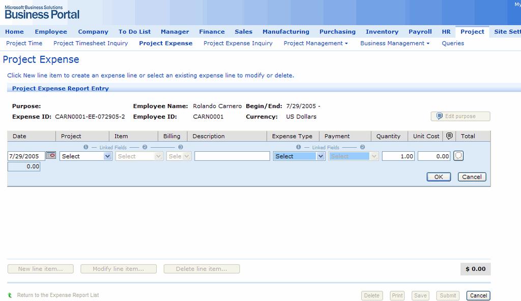CHAPTER 2 PROJECT EXPENSE 3. Select the expense report that you want to edit and then click Modify. The Project Expense Entry Web Part appears, displaying the expense report. 4.