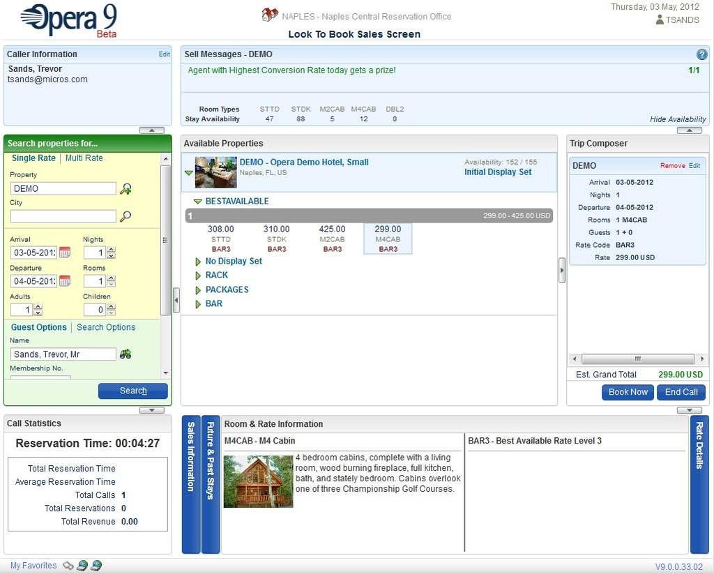 Application View: Look-To-Book Sales Screen allowing agents to book rooms for their guest.
