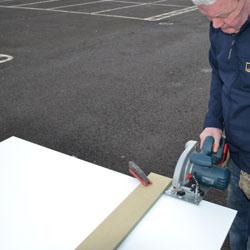 INSTALLATION PRELIMINARIES: Panels can be cut using normal wood working equipment, as with all laminated panels they should be cut with the blade cutting into the face of the panel.