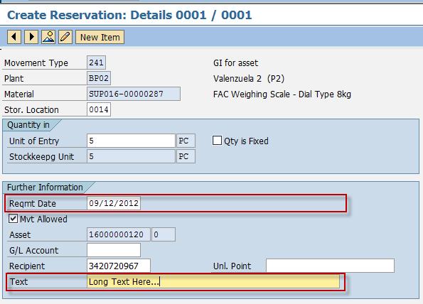 7. Click the Save icon to save the reservation. Result Reservation for the material has been created.