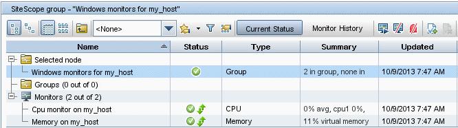 Chapter 7: Quick Start Examples 3. View monitoring data in SiteScope You can view current performance data for the CPU and Memory monitors in the SiteScope Dashboard.
