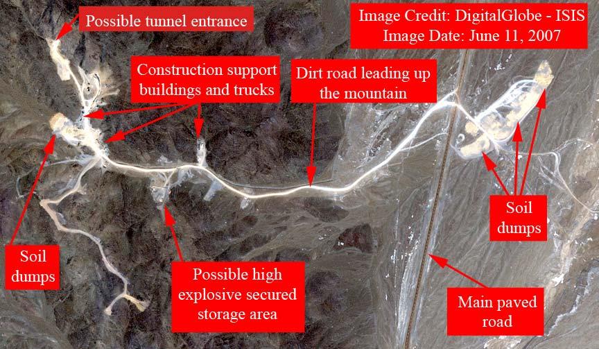 Figure 2. Construction activity appears related to the building of a tunnel complex. Soil and rock dumps are identifiable.