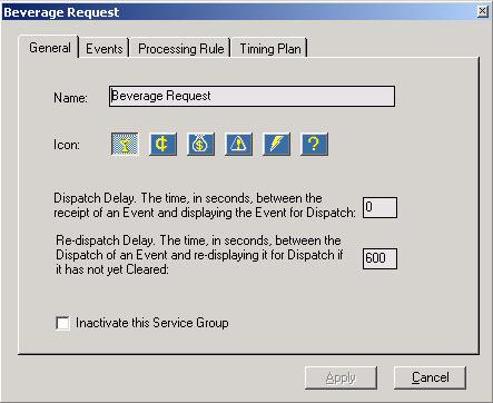 Request Group Properties Define the Name, select the Icon, and most importantly, determine the Dispatch and Redispatch Delays.