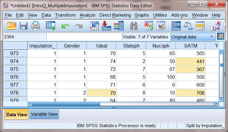 10 At this point SPSS has created a new data set with the original data (imputation 0) and the imputed data (in this case, imputations 1 through 5). The cells with imputed scores fall are highlighted.