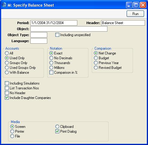 Consolidation - Reports - Balance Sheet Balance Sheet You can initially print to screen and subsequently send the report to a printer by clicking the Printer icon at the top of the report window.