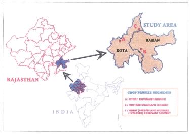 Figure 1 Location map showing Kota and Baran districts in Rajasthan (India) and locations of 5 x 5 km segments used for crop temporal spectral patterns Figure 2 Temporal Spectral patterns for crops