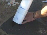 Non-corrosive hose clamp or tape used to fasten   Raised X cut geotextile and liner.