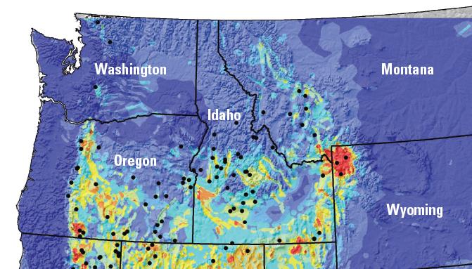 USGS assessment of resource potential Identified geothermal systems are represented by black dots.