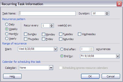 Recurring Tasks Recurring tasks repeat regularly, such as weekly meetings. These can occur daily, weekly, monthly, or yearly.