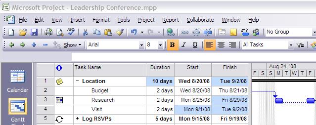 Splitting Tasks If work is interrupted on a task, you can split it. The task can resume at another time. Follow these steps to split a task. 1. Select View, Gantt Chart. 2.