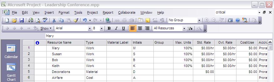 Assigning Resources You should assign resources if you want to track work done by people or equipment assigned to tasks or to monitor materials used.