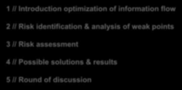 Agenda 1 // Introduction optimization of information flow 2 // Risk identification & analysis of weak points 3 // Risk assessment 4 //