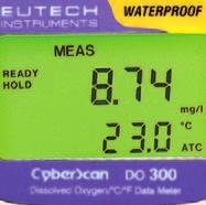 electrode with built-in ATC and 3 m waterproof cable Waterproof meter floats for easy retrieval Custom dual-display LCD that shows DO readings (in ppm, mg/l or %
