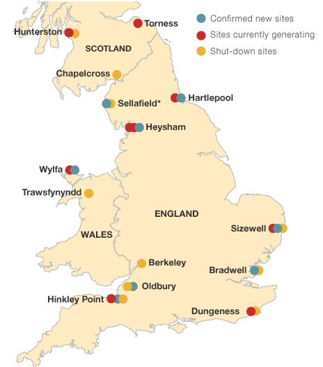 Figure 2: Existing and proposed sites for nuclear power stations in the UK.